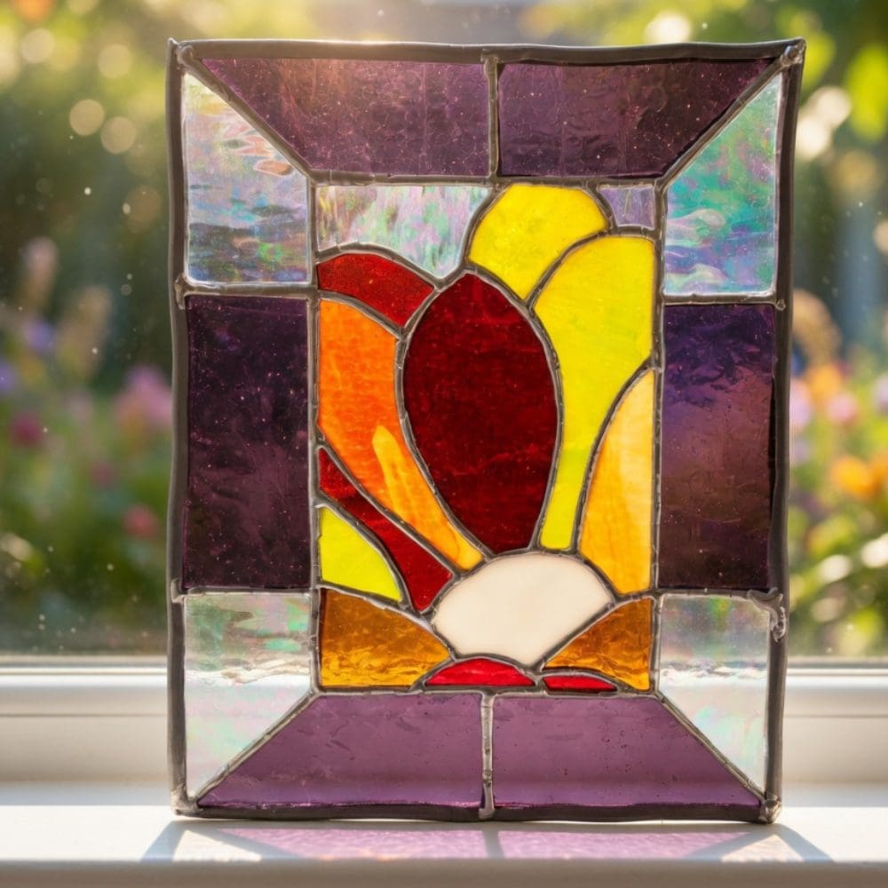 Freestanding stained glass tulip panel on a sunny windowsill