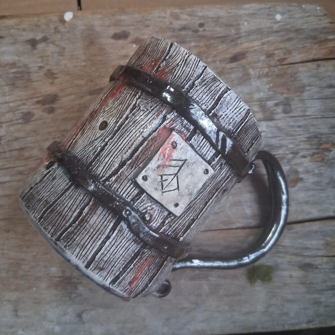 handmade Stoneware rustic viking Rune coffee mug tankard matt brown metallic faux wood - Image 2