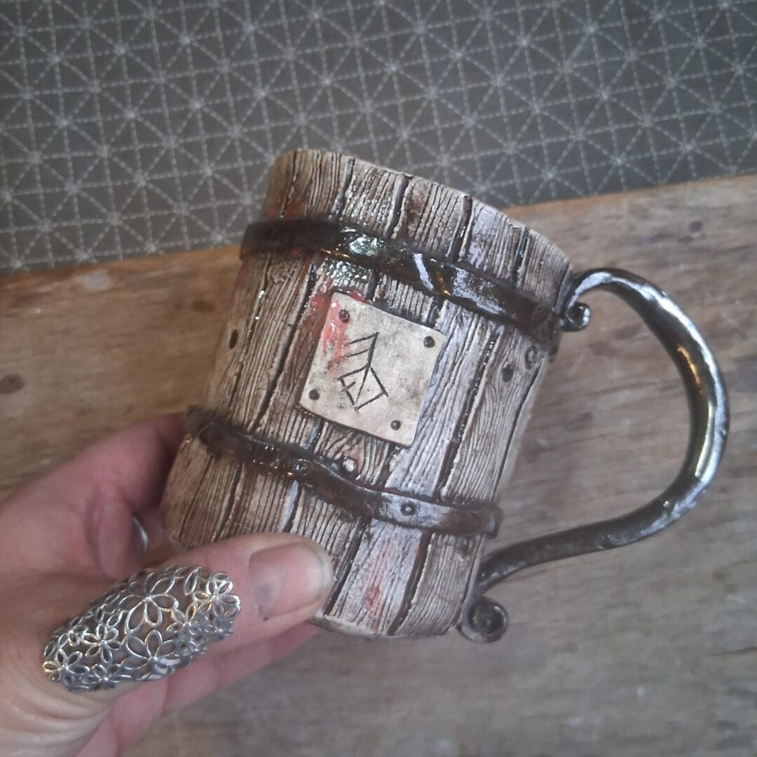 handmade Stoneware rustic viking Rune coffee mug tankard matt brown metallic faux wood - Image 4