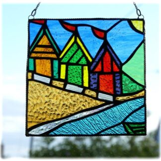 stained glass art picture suncatcher beach huts holiday ranbow panel