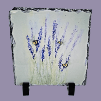 Bees in Lavender artwork set on a decorative slate on stands