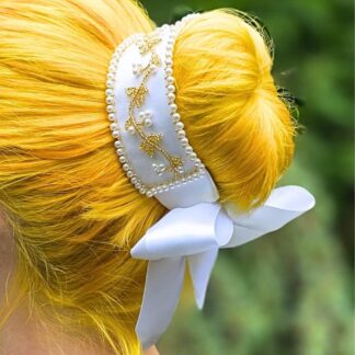 Bridal hair bun wrap. Embroidered satin in gold and pearl beads.