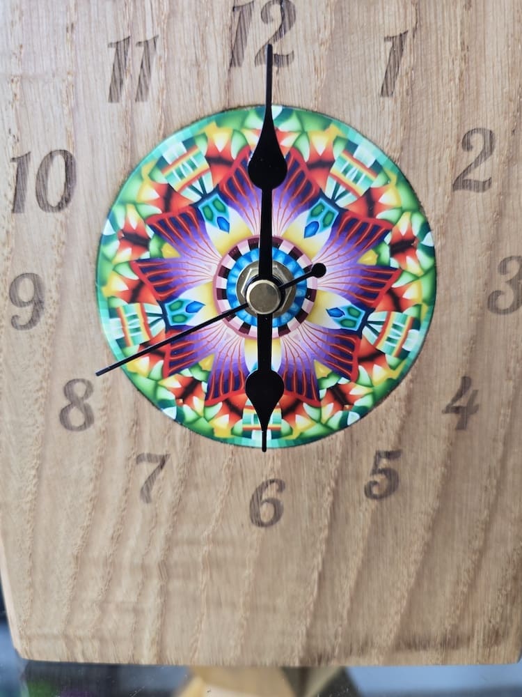 Solid Oak Collaboration Mantel Clock with Millefiori Artwork - Image 7
