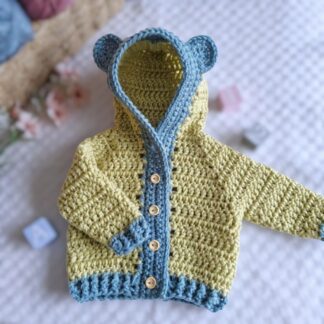 teddy bear crochet hooded cardigan in mushy Peas and North sea
