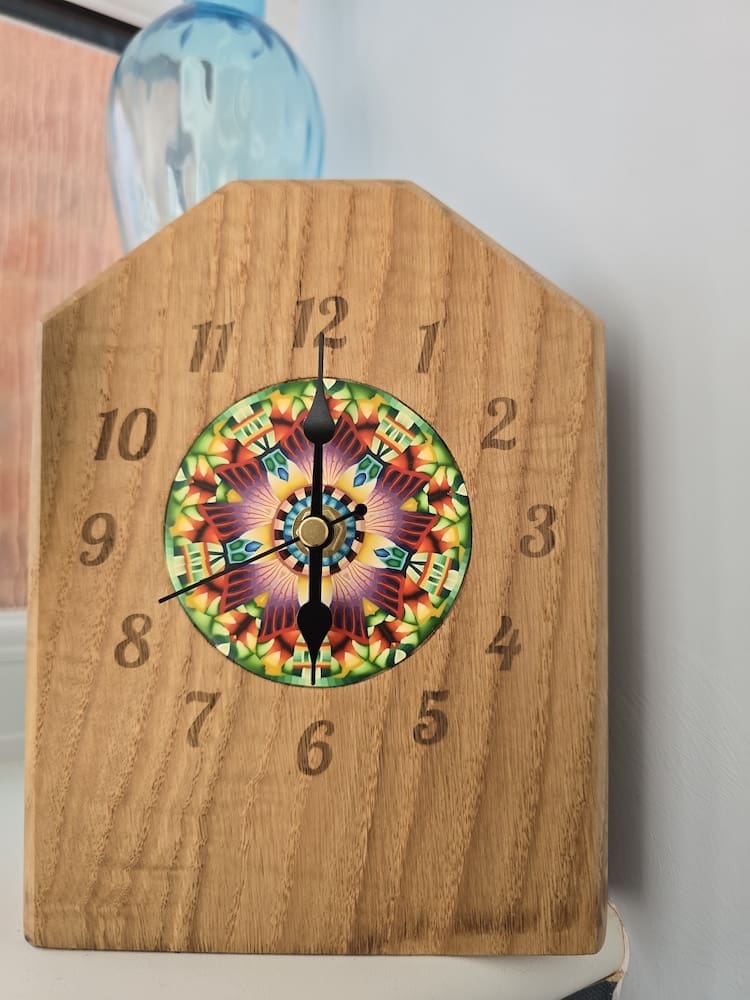 Solid Oak Collaboration Mantel Clock with Millefiori Artwork - Image 6