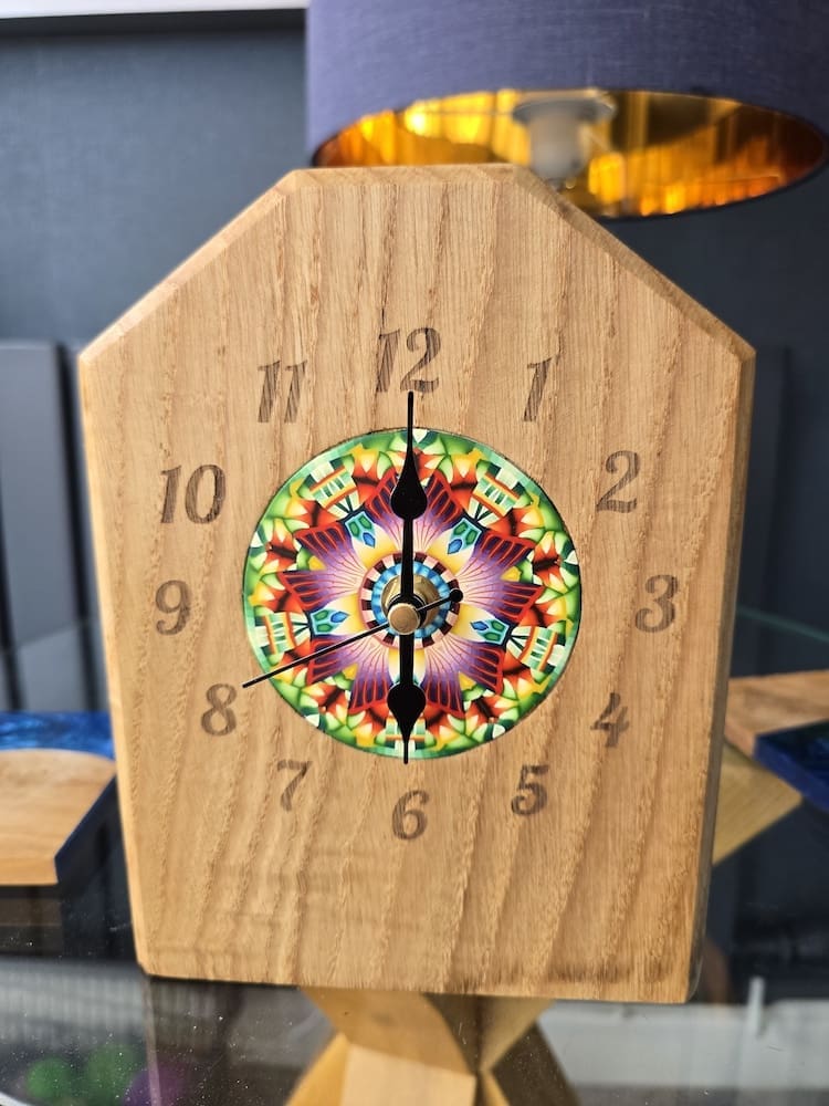 Solid Oak Collaboration Mantel Clock with Millefiori Artwork - Image 4