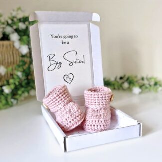 Big sister pregnancy announcement gift box with handmade crochet baby booties