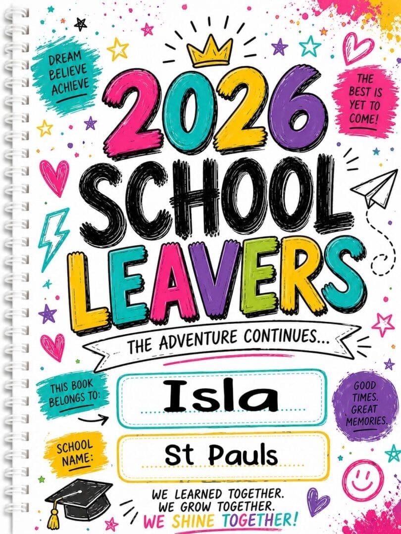 Colourful personalised 2026 school leavers eco-friendly spiral notebook with custom name and school details
