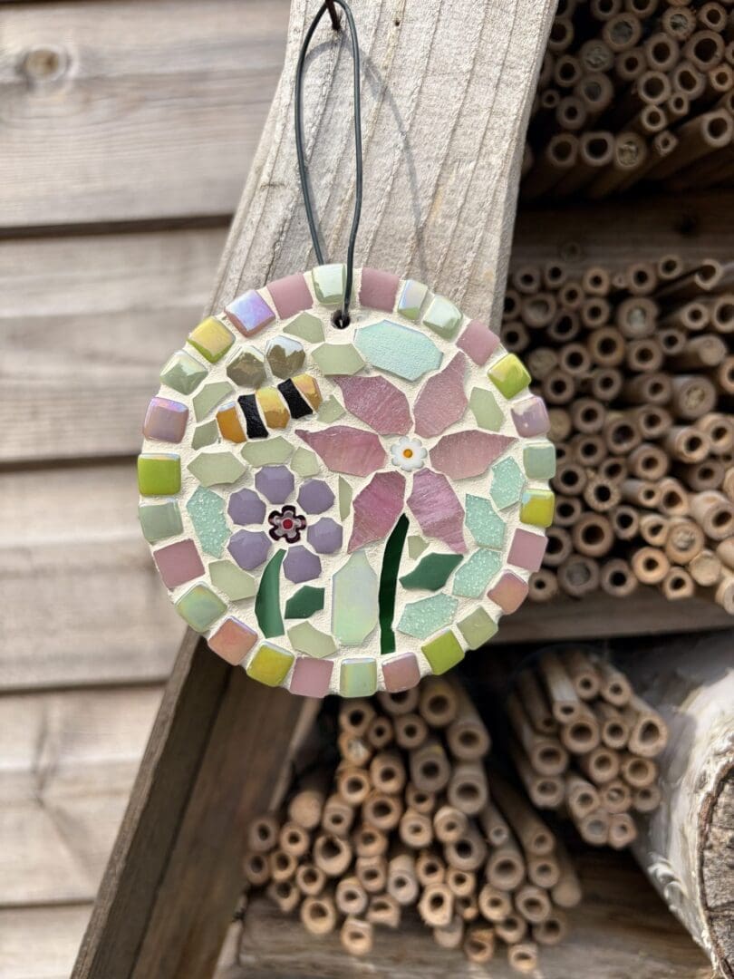 Pretty Mosaic Flower & Bee Garden Decoration – Handmade Colourful Outdoor Wall Art, Unique Garden Gift - Image 3