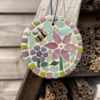 Pretty Mosaic Flower & Bee Garden Decoration – Handmade Colourful Outdoor Wall Art, Unique Garden Gift