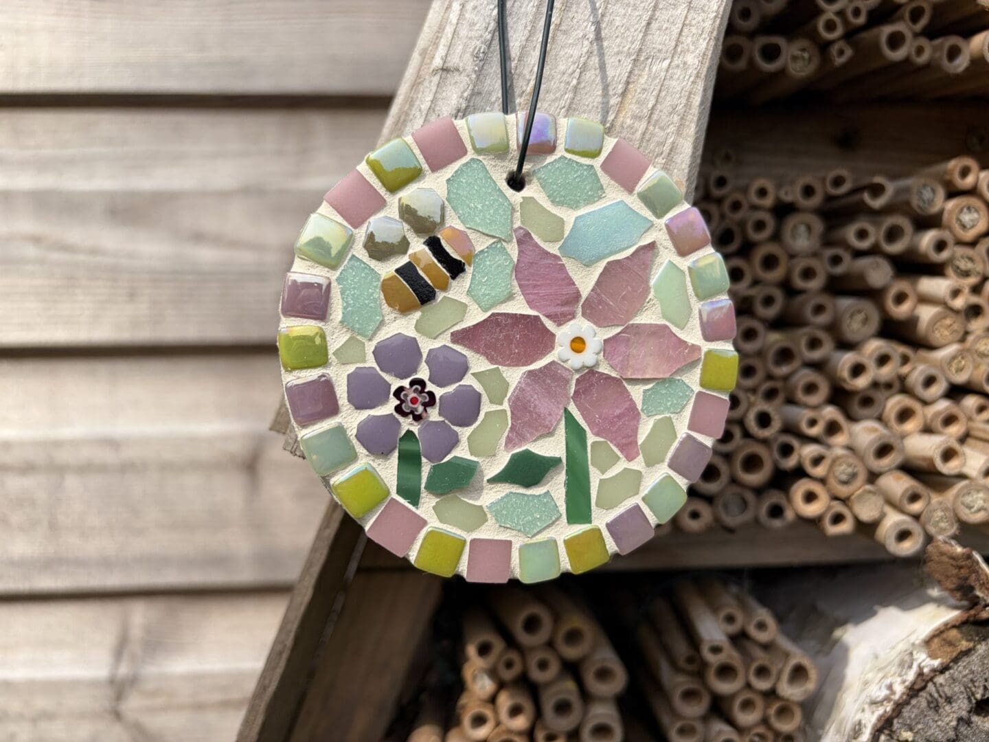 Pretty Mosaic Flower & Bee Garden Decoration – Handmade Colourful Outdoor Wall Art, Unique Garden Gift