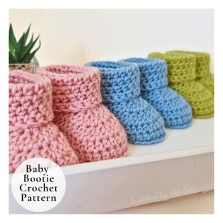 beginner friendly crochet baby booties pattern - 3 pairs of booties shown in pink, blue and green