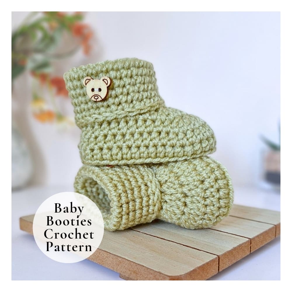 Crochet pdf baby booties pattern picture shown in mushy Peas green