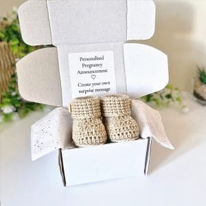 personalised Pregnancy Announcement Gift Box with crochet baby booties