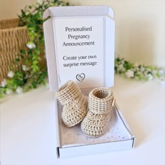 personalised Pregnancy Announcement Gift Box with crochet baby booties