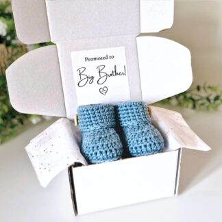 Big brother pregnancy announcement gift box with handmade crochet baby booties