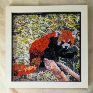 A quilled photo of a red panda sat on a branch eating leaves. It is in a white box frame