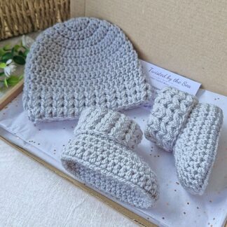 Silver baby gift set with matching hat and booties