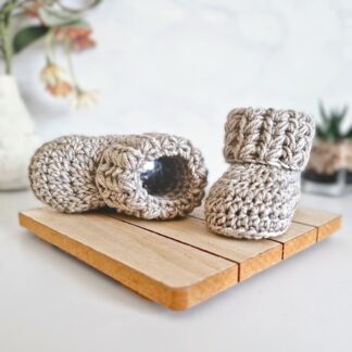 silver crochet baby booties with puff v stitch folded cuff