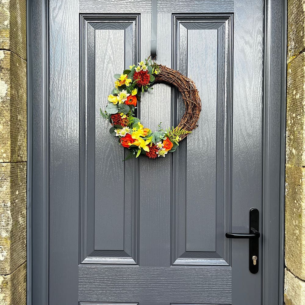 Bright-orange-and-yellow-summer-front-door-wreath