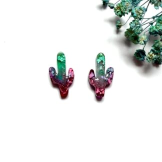 Colourful handmade alcohol ink cactus resin stud earrings by Copper Magpie Designs Liverpool UK, Hypoallergenic surgical steel posts
