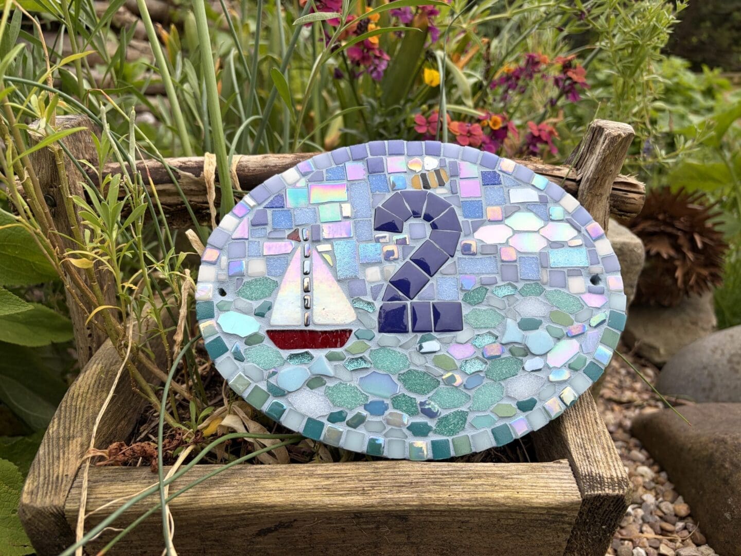 Handmade Slate Mosaic House Number Sign – Oval Nautical Design with Sailing Boat & Bumblebee - Image 6