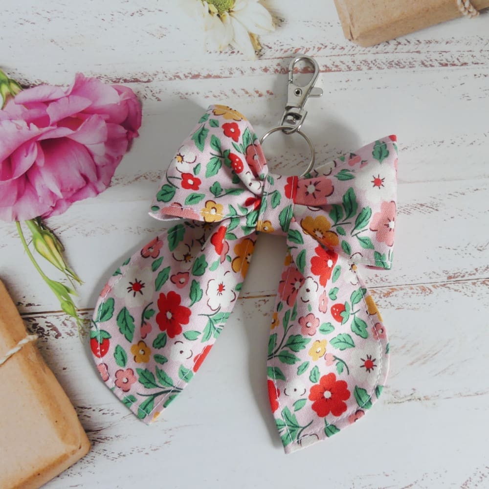 Pink Cotton Floral Bow Bag Charm or Key Chain - Image 2