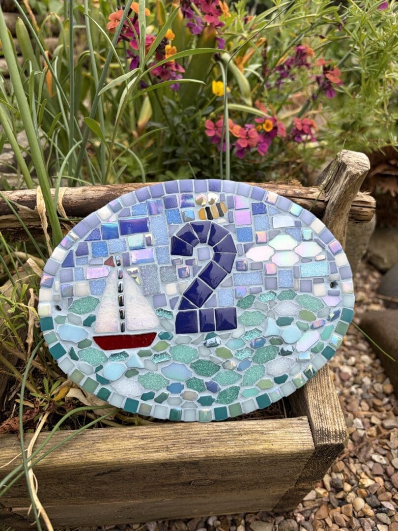 Handmade Slate Mosaic House Number Sign – Oval Nautical Design with Sailing Boat & Bumblebee - Image 5