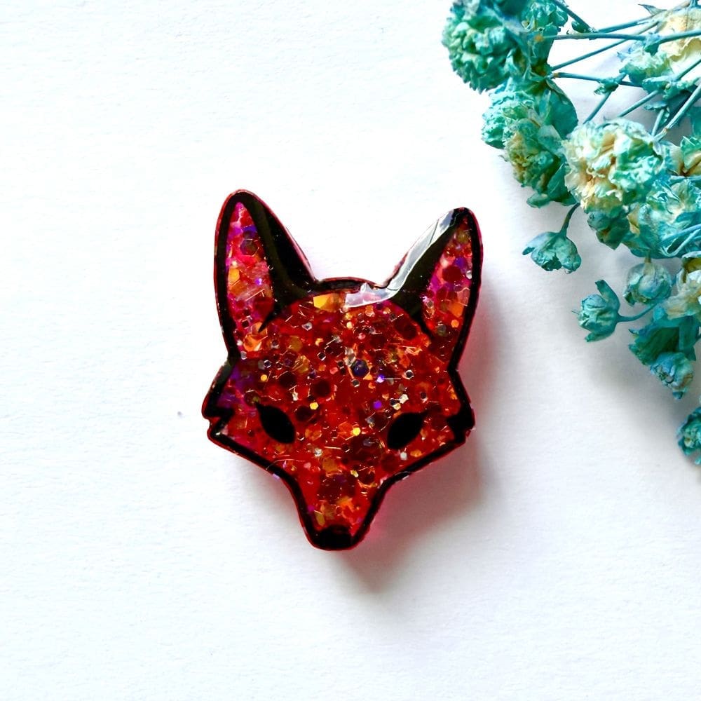 Classic amber orange glitter fox resin pin badge handmade by Copper Magpie Designs Liverpool UK