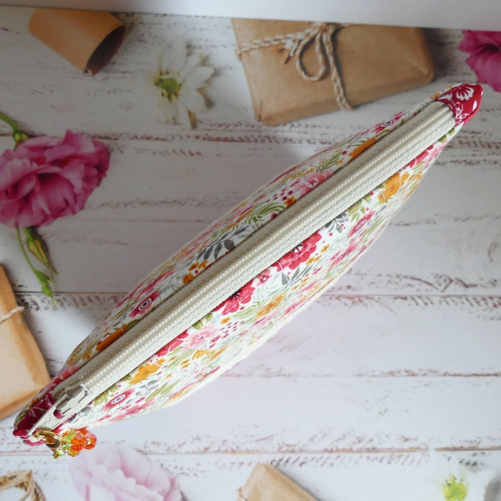 Quilted Make-up or Toiletries Bag in Red Yellow and Pink Floral Cotton - Image 3