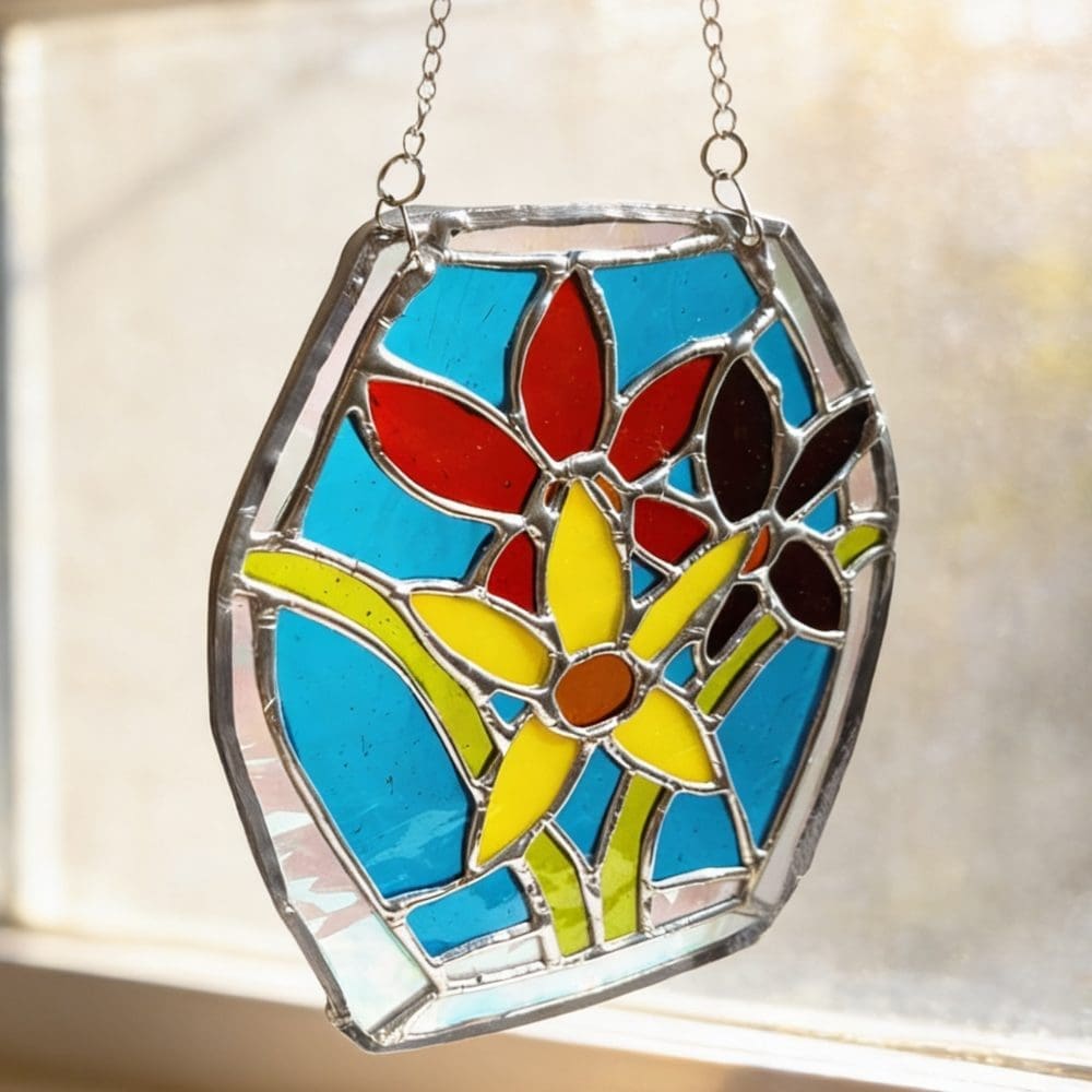 Spring stained glass window hanging with bright floral design, 32cm including silver chain
