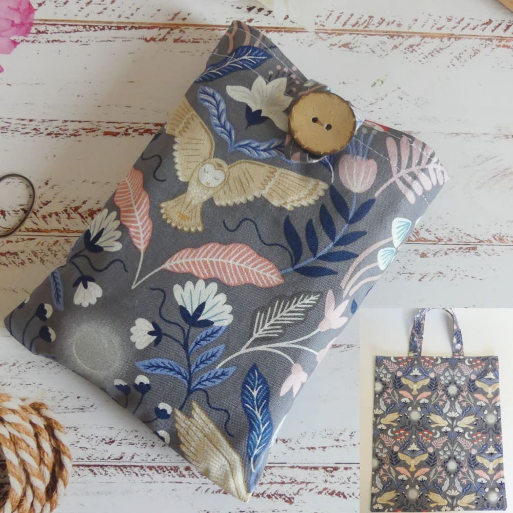 Cotton Owl Print Re-usable Fold-Up Tote Bag with Pouch