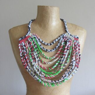 large multi strand bib necklace made from recycled fabrics