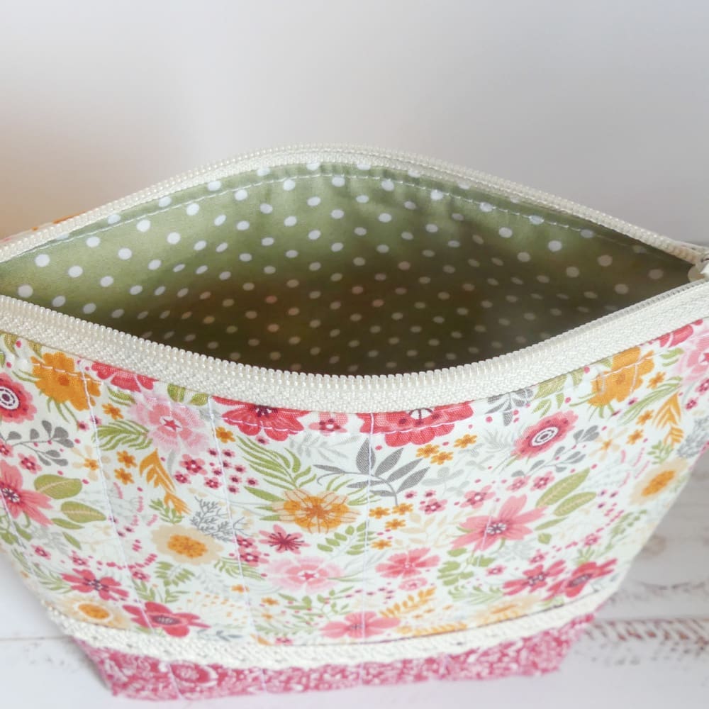 Quilted Make-up or Toiletries Bag in Red Yellow and Pink Floral Cotton - Image 6