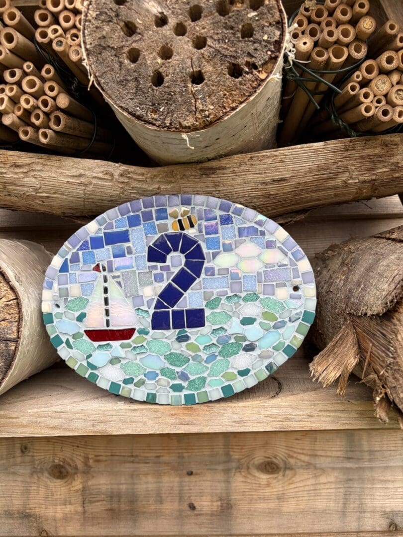Handmade Slate Mosaic House Number Sign – Oval Nautical Design with Sailing Boat & Bumblebee - Image 3