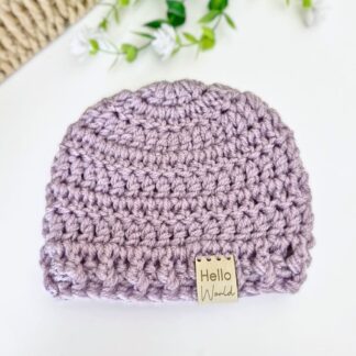heather crochet baby beanie hat with puff stitch edging