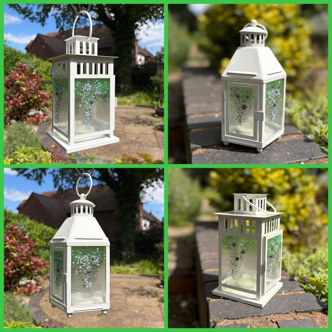 Pretty glass flower lantern in purple and green