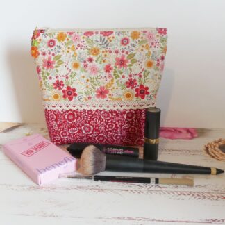 Quilted Make-up or Toiletries Bag in Red Yellow and Pink Floral Cotton
