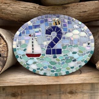 Handmade Slate Mosaic House Number Sign – Oval Nautical Design with Sailing Boat & Bumblebee