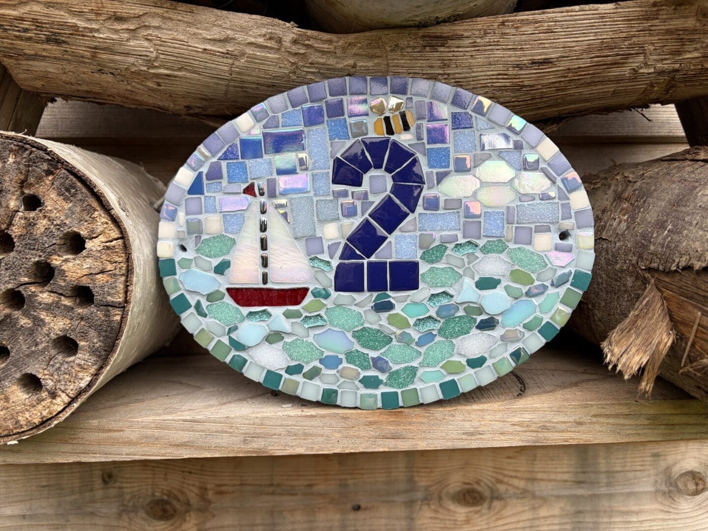 Handmade Slate Mosaic House Number Sign – Oval Nautical Design with Sailing Boat & Bumblebee