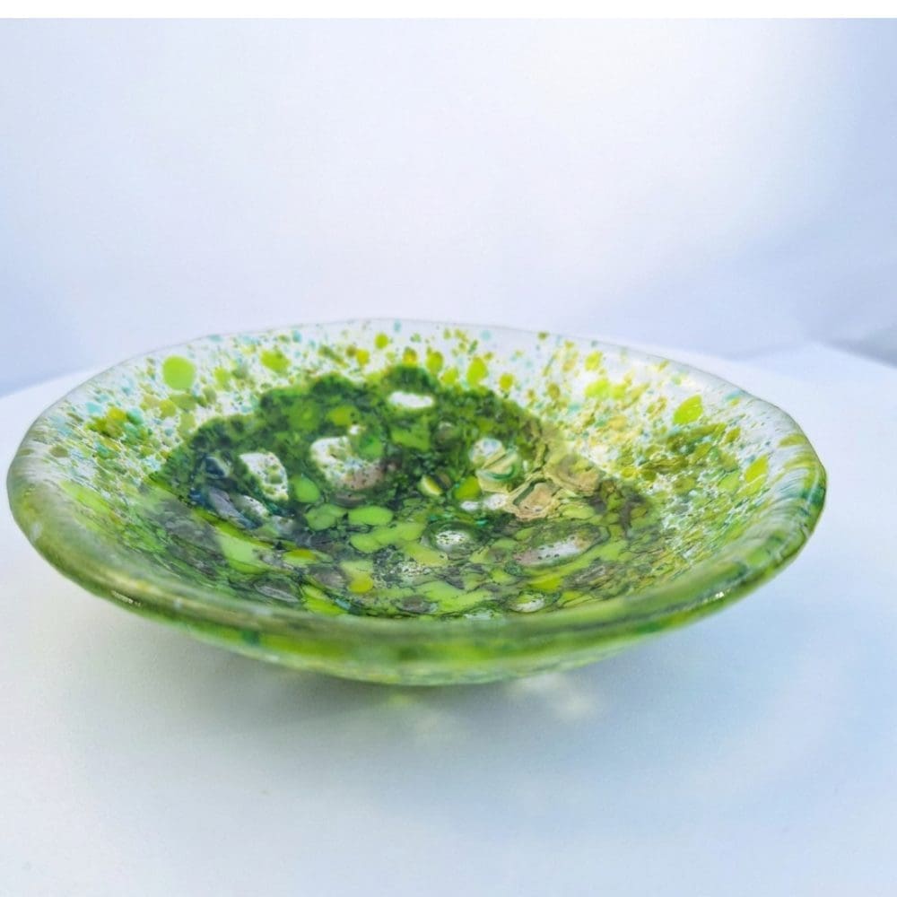 Nature inspired green glass bowl kiln fired handmade