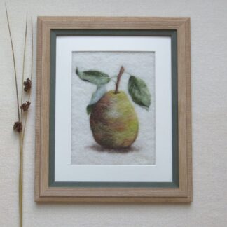 Russet pear with stalk and three leaves.