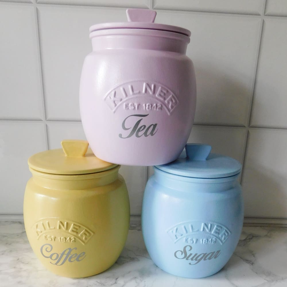 Pastel Pink Yellow Blue Kitchen Canisters, Tea Coffee Sugar Jars - Image 3