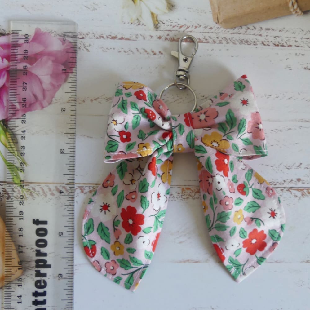Pink Cotton Floral Bow Bag Charm or Key Chain - Image 6