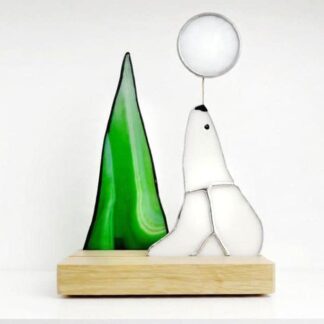 Polar Bear with Fir Tree and full Moon Stained Glass ornament