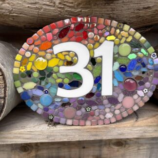 Handmade Rainbow Mosaic House Number on slate.