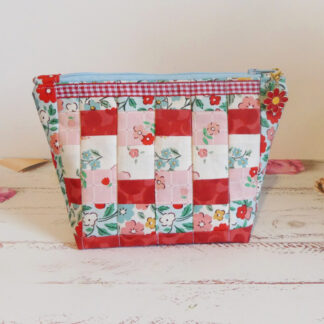 red and floral patchwork make up bag hand made