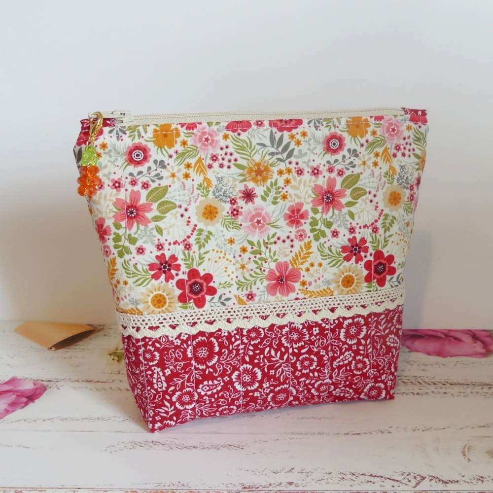 Quilted Make-up or Toiletries Bag in Red Yellow and Pink Floral Cotton - Image 2
