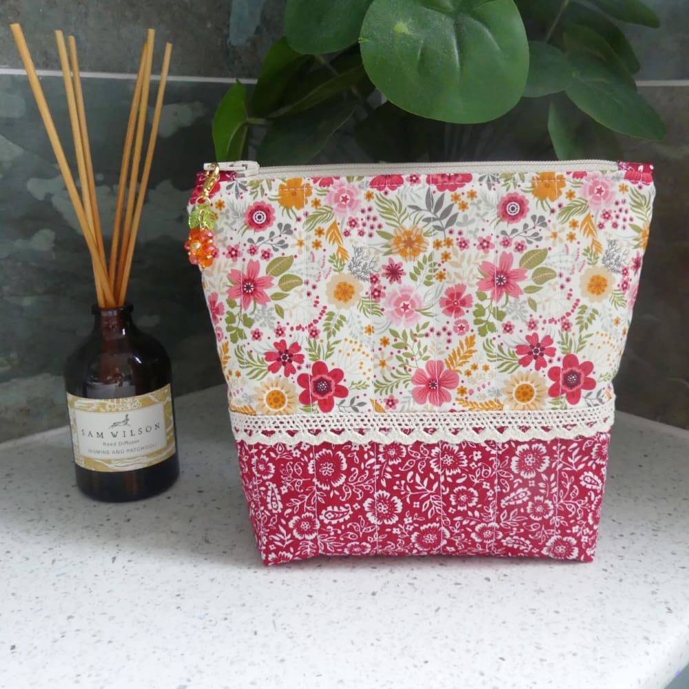 Quilted Make-up or Toiletries Bag in Red Yellow and Pink Floral Cotton - Image 7