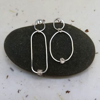recycled sterling silver wire and silver rock mismatched drop earrings